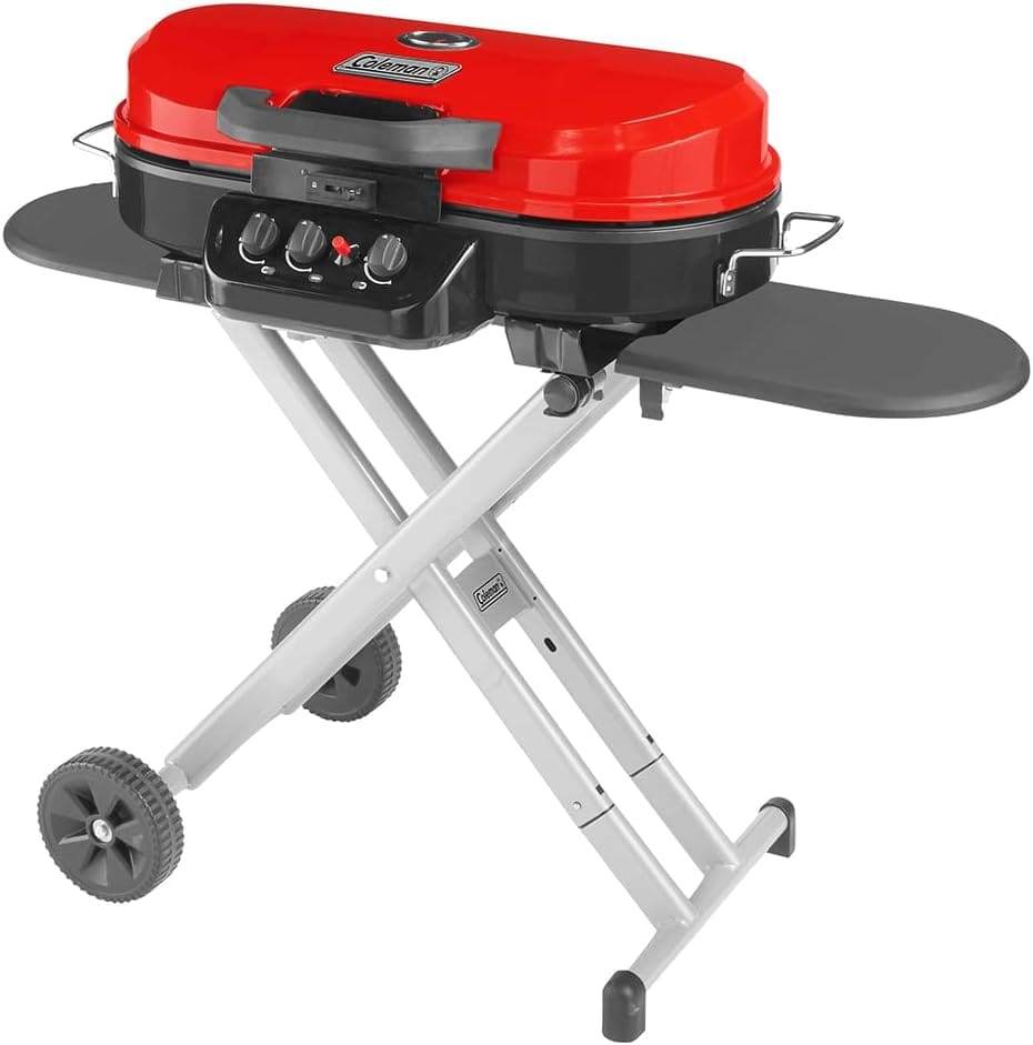 Coleman RoadTrip 285 Portable Stand-Up Propane Grill, Gas Grill with 3 Adjustable Burners and Instastart Push-Button Ignition; Grease Tray, Side Tables, Thermometer, Folding Legs & Wheels Included