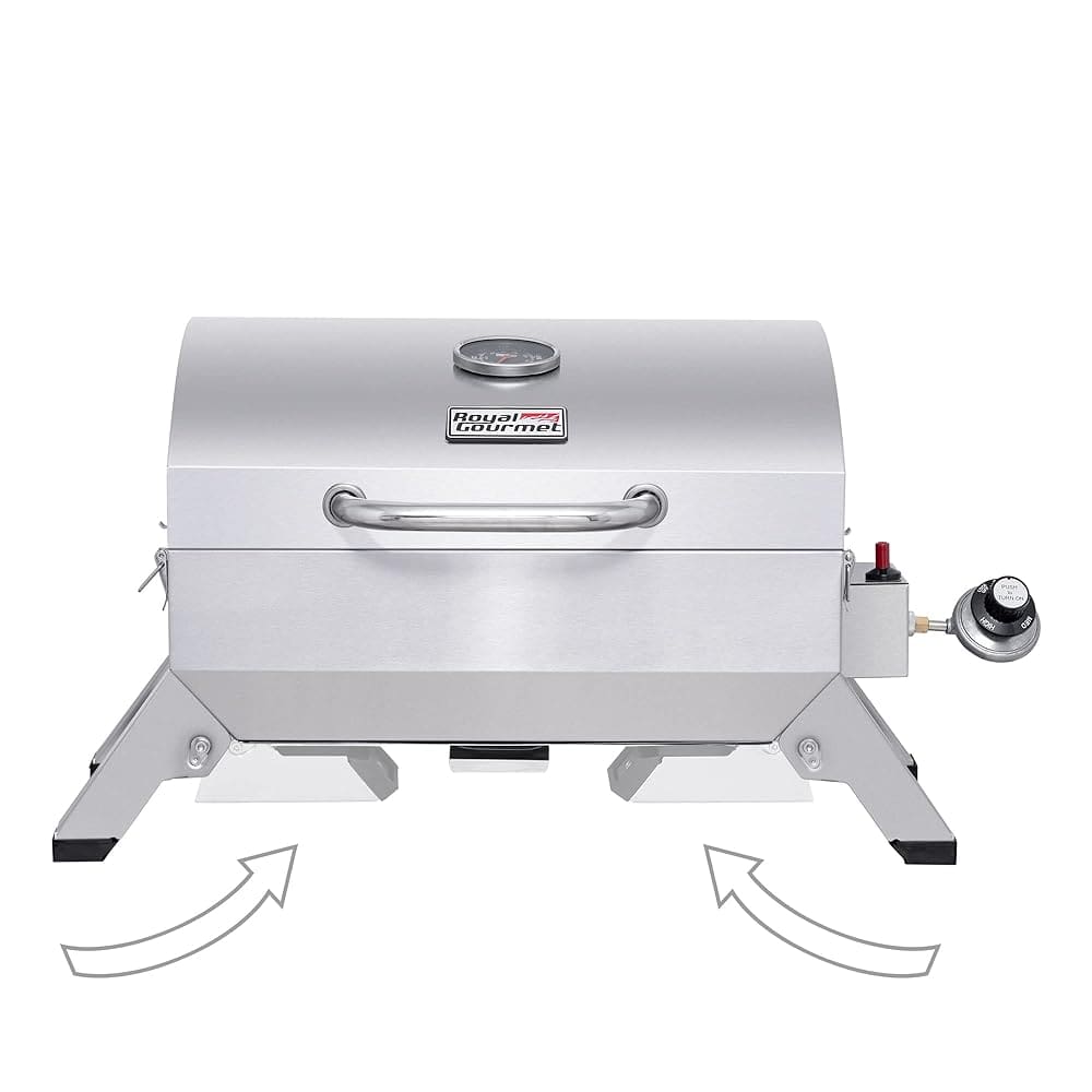 Royal Gourmet GT1001 Stainless Steel Portable Grill, 10000 BTU BBQ Tabletop Gas Grill with Folding Legs and Lockable Lid, Outdoor Camping, Deck and Tailgating, Silver